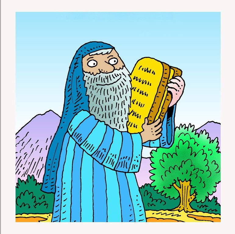 A cartoon of a man, Moses holding the a tablet of the ten commandments